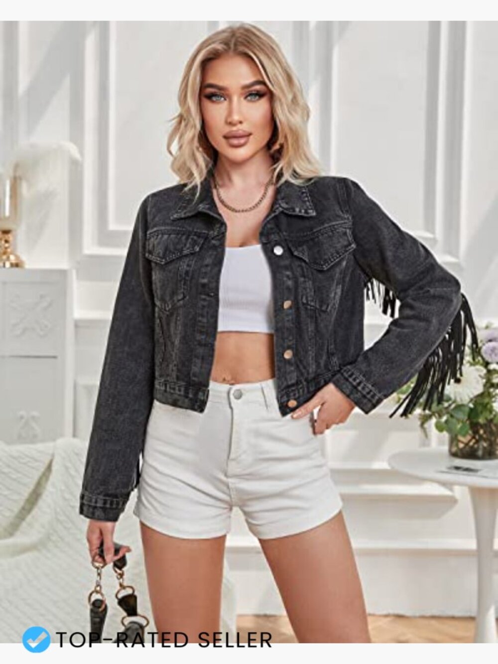 Cropped Denim Jacket Distressed Fringe Long Sleeve Classic Chic Y2K Cute - Picture 6 of 7